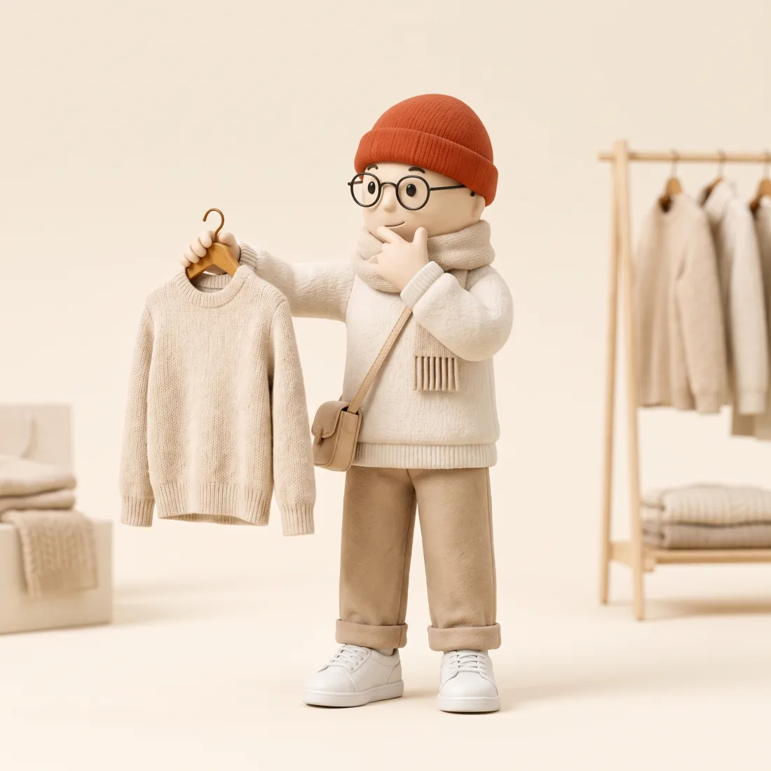 Clay Stilo in a boutique, holding up a beige knit sweater on a hanger and thinking it over, a clothes rack behind