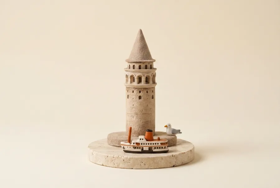 Clay miniature of Galata Tower with a tiny ferry, for Istanbul
