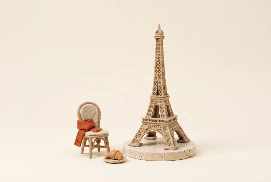 Clay miniature of the Eiffel Tower with a café chair and croissants, for Paris