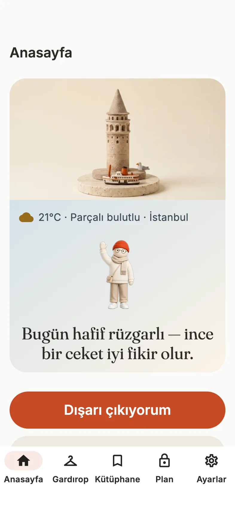 OutfeedAI home screen: today's weather in Istanbul above a clay miniature of Galata Tower, with Stilo's outfit note for the day and a full-pill accent button