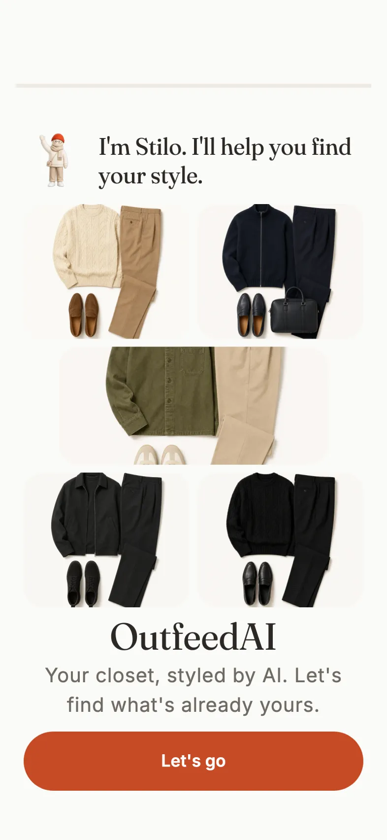 OutfeedAI onboarding screen with a grid of flat-lay outfits and Stilo introducing itself: 'I'm Stilo. I'll help you find your style.'