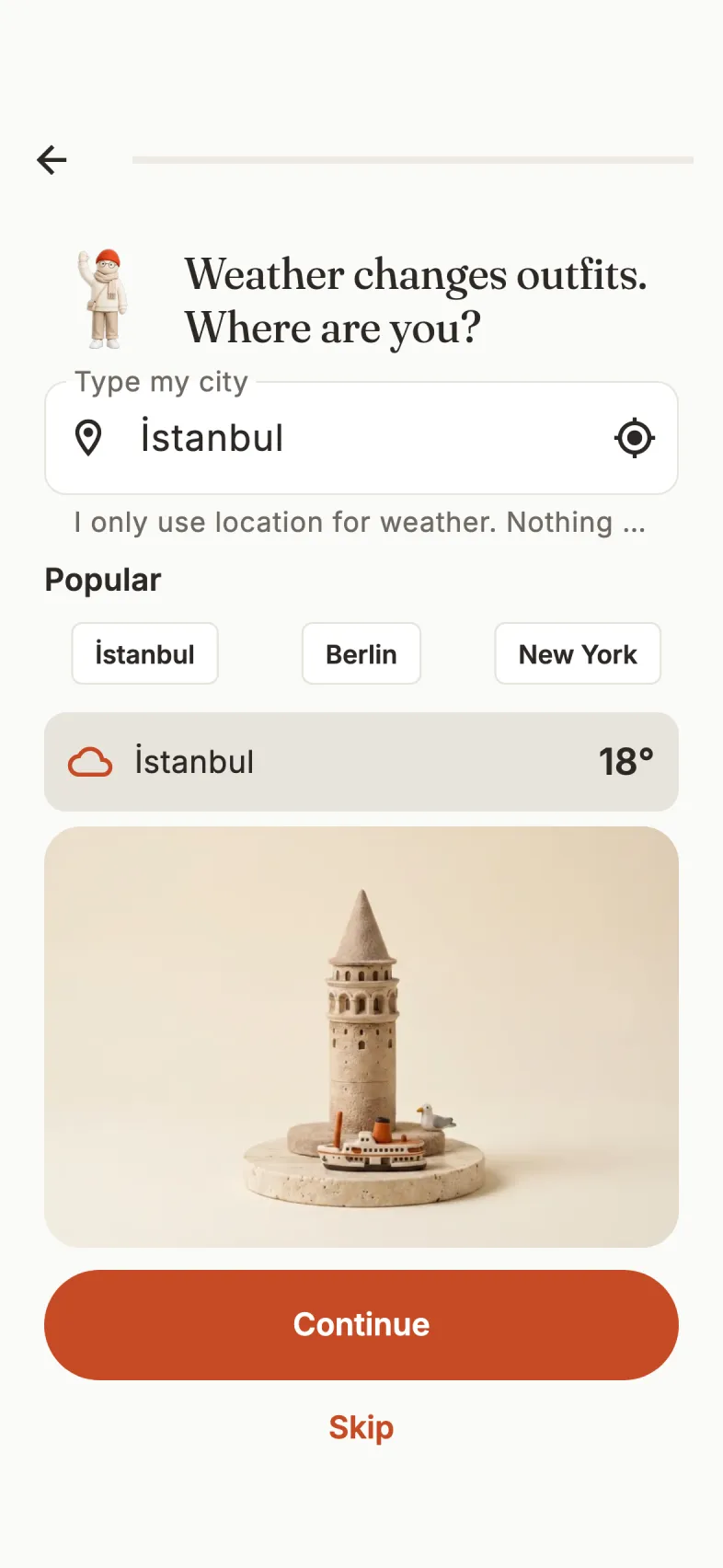 OutfeedAI location screen: city search with Istanbul selected, today's temperature, and a clay miniature of Galata Tower