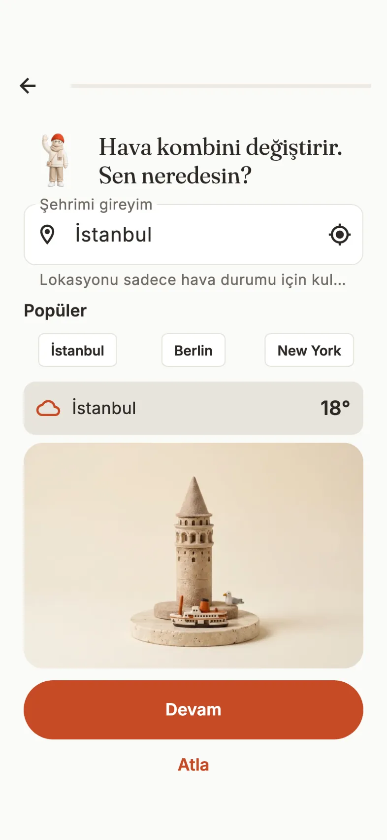 OutfeedAI location screen: city search with Istanbul selected, today's temperature, and a clay miniature of Galata Tower