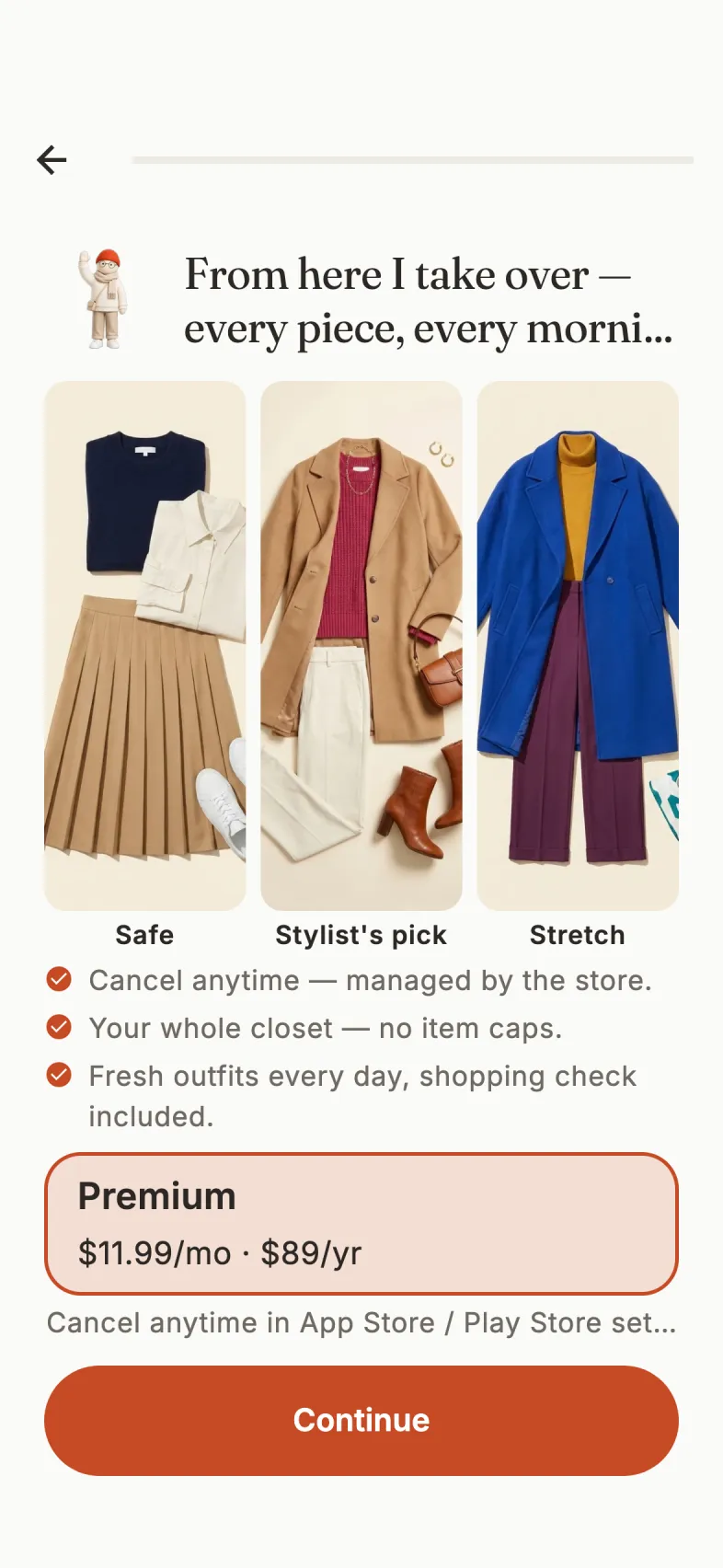 OutfeedAI Premium screen: clay Stilo beside a clothes rack, with monthly and yearly plan options and an 'Unlock your full style' headline
