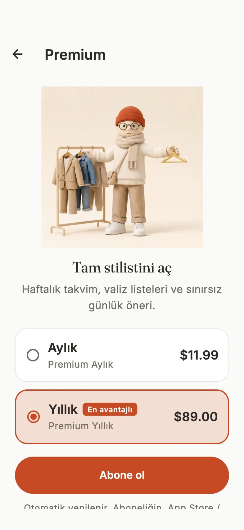 OutfeedAI Premium screen: clay Stilo beside a clothes rack, with monthly and yearly plan options and an 'Unlock your full style' headline