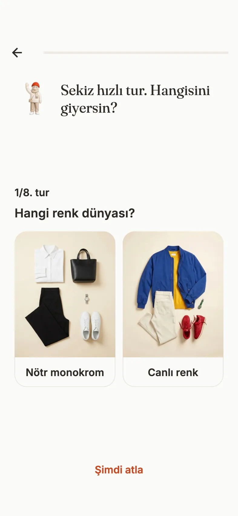 OutfeedAI quiz round 1 of 8 asking 'Which color world?' with a neutral monochrome and a vivid outfit side by side