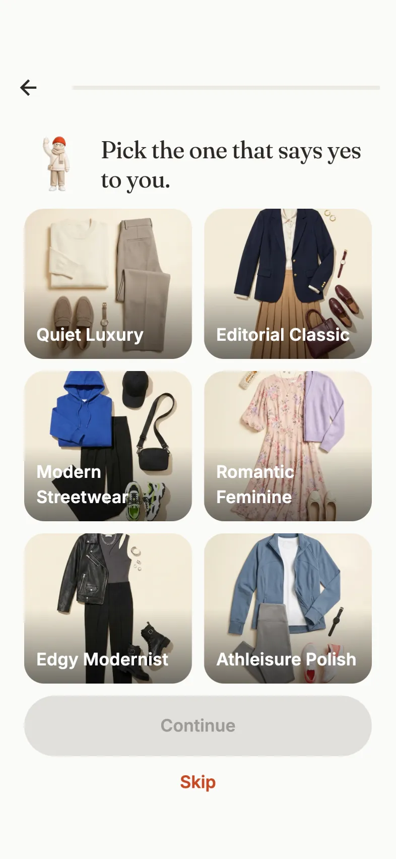 OutfeedAI style quiz: six style directions shown as photo cards, from quiet luxury to modern streetwear