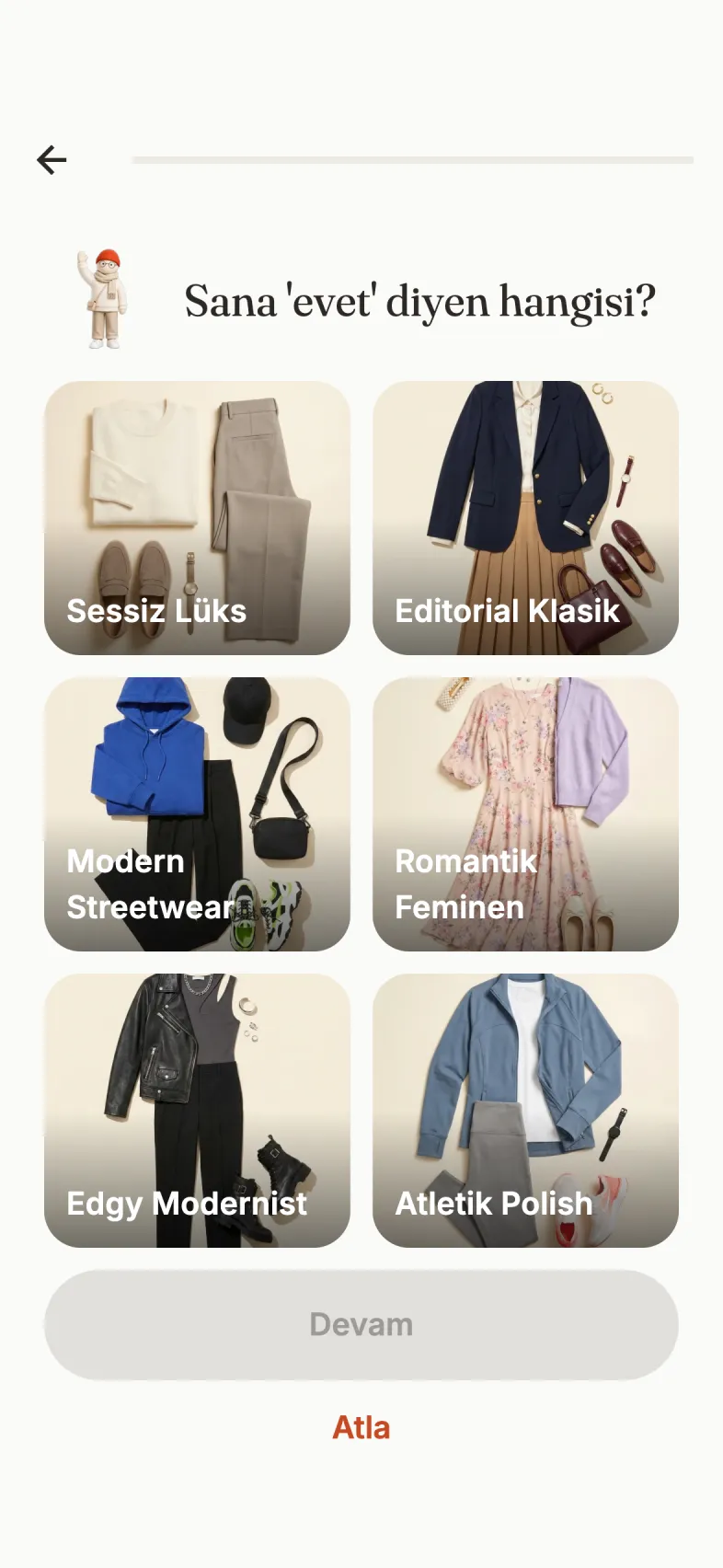 OutfeedAI style quiz: six style directions shown as photo cards, from quiet luxury to modern streetwear