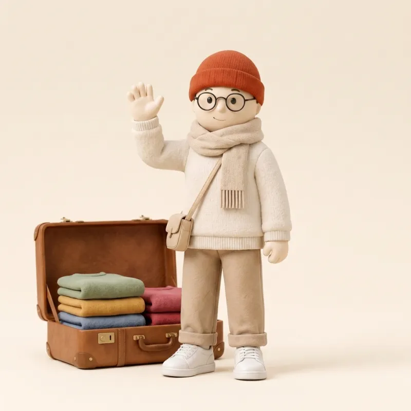 Stilo, OutfeedAI's clay mascot in an orange beanie and cream scarf, waving beside an open suitcase of folded knitwear